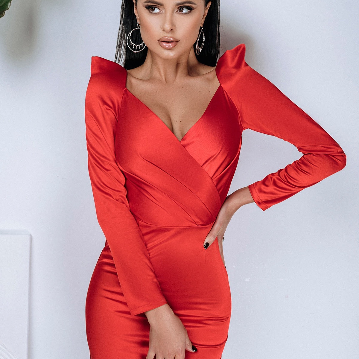 red satin long sleeve mini dress Women's Cream Satin Wrap Ruched Long Sleeve Mini Dress