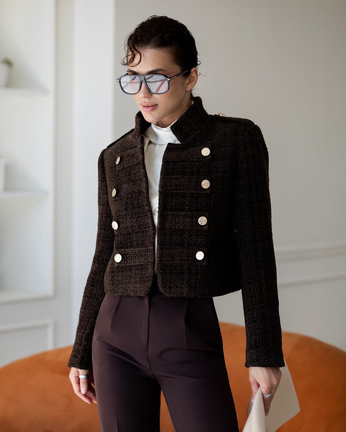 Ottavia Brown Bouclé Tweed Double-Breasted Cropped Blazer