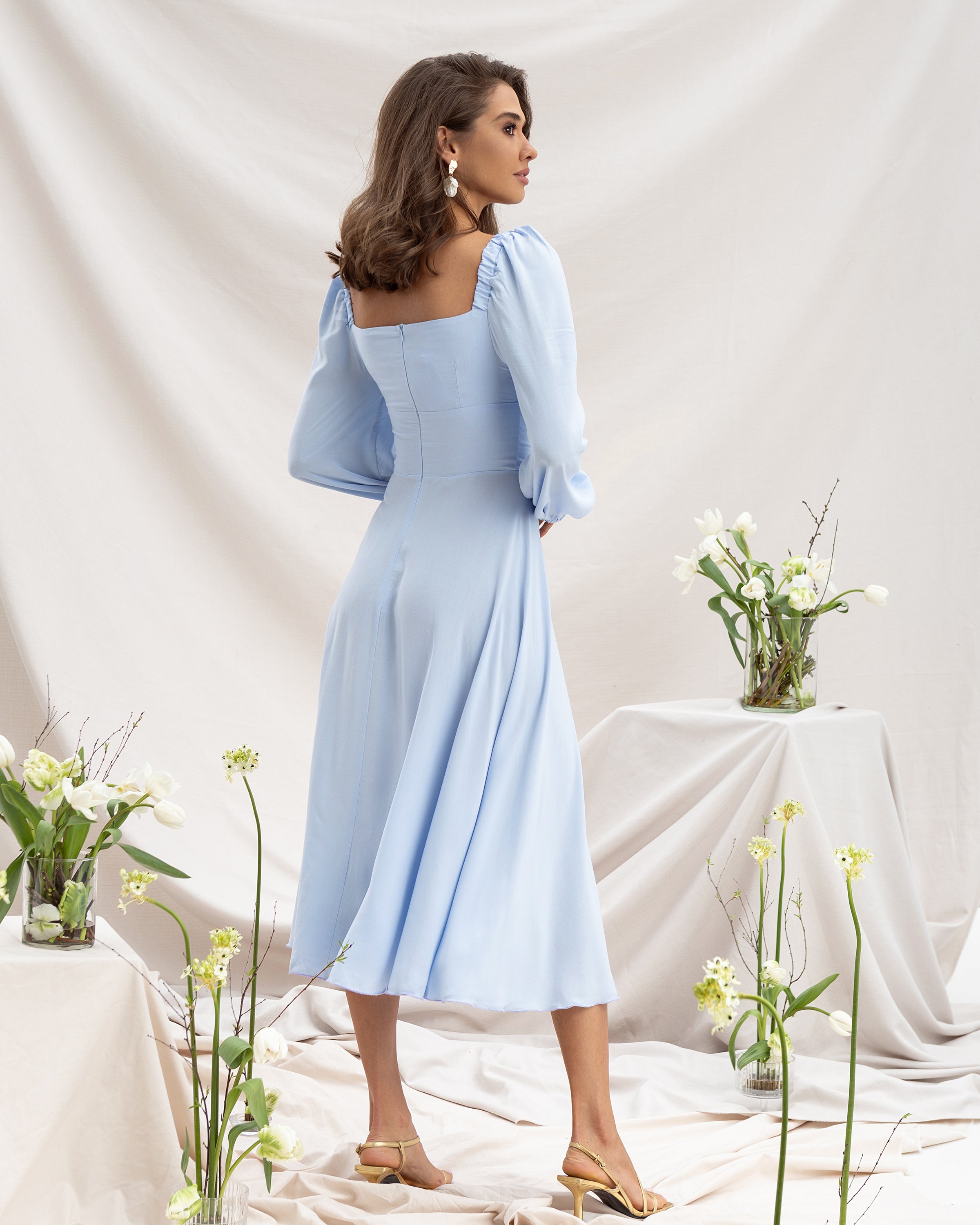 Sky-Blue Sweetheart Puff Sleeve Midi Dress