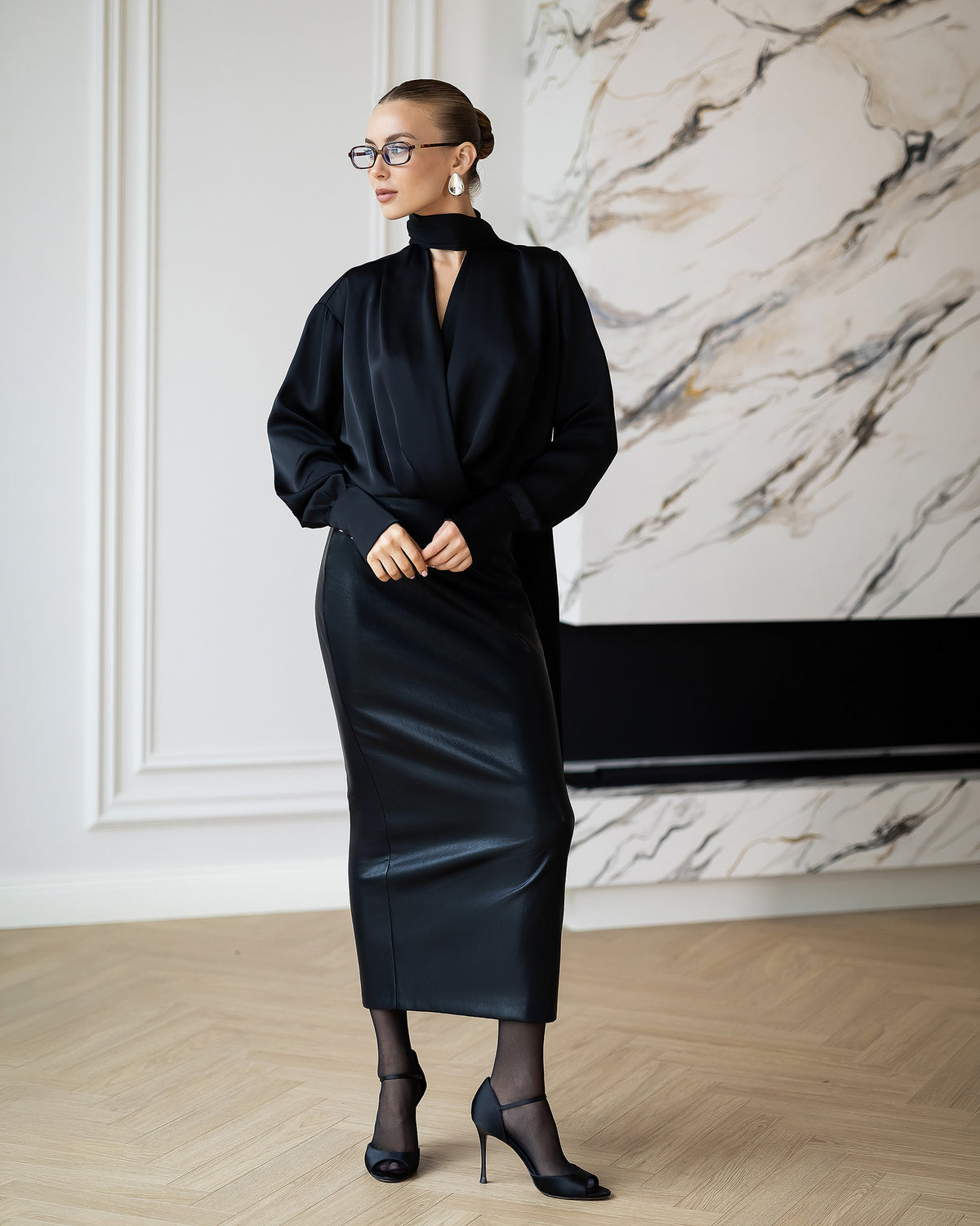 Yvette Black Satin V-Neck Long-Sleeve Blouse