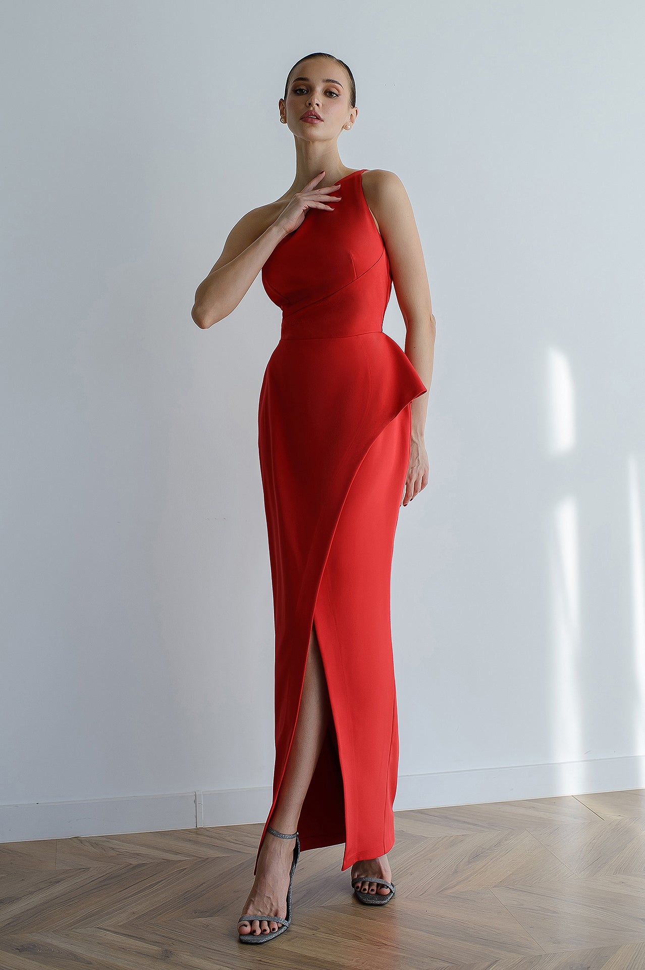 Red Asymmetric Sleeveless Maxi Dress