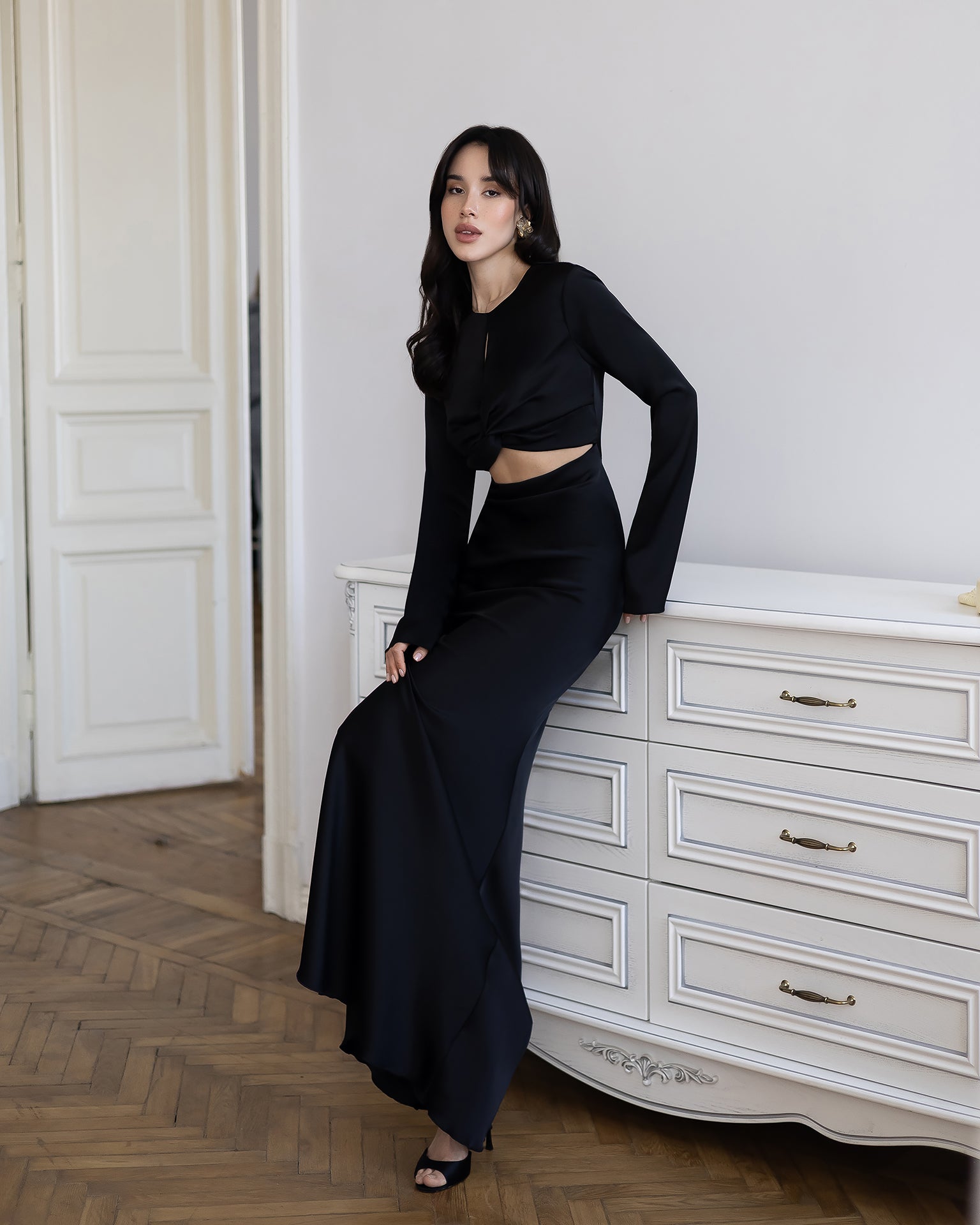 ELAGIA Novelle Black Satin Twist-Front Cut-Out Maxi Dress detail view - 3 piece women's suit purple business suit women