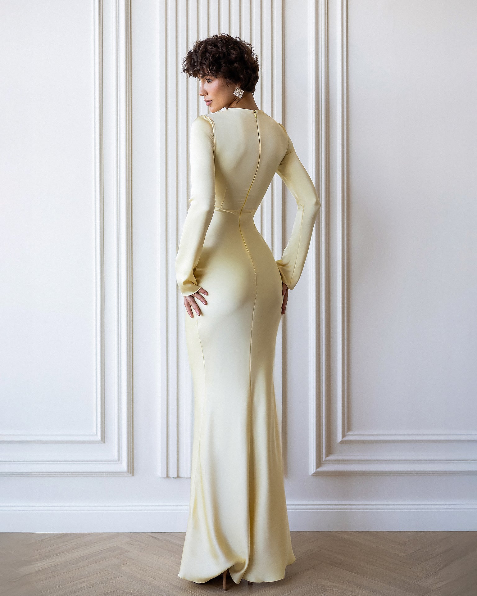 ELAGIA Novelle Yellow Satin Twist-Front Cut-Out Maxi Dress back view - 3 piece women's suit purple business suit women