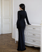 ELAGIA Novelle Black Satin Twist-Front Cut-Out Maxi Dress front view - elegant 3 piece women's suit purple business suit wome