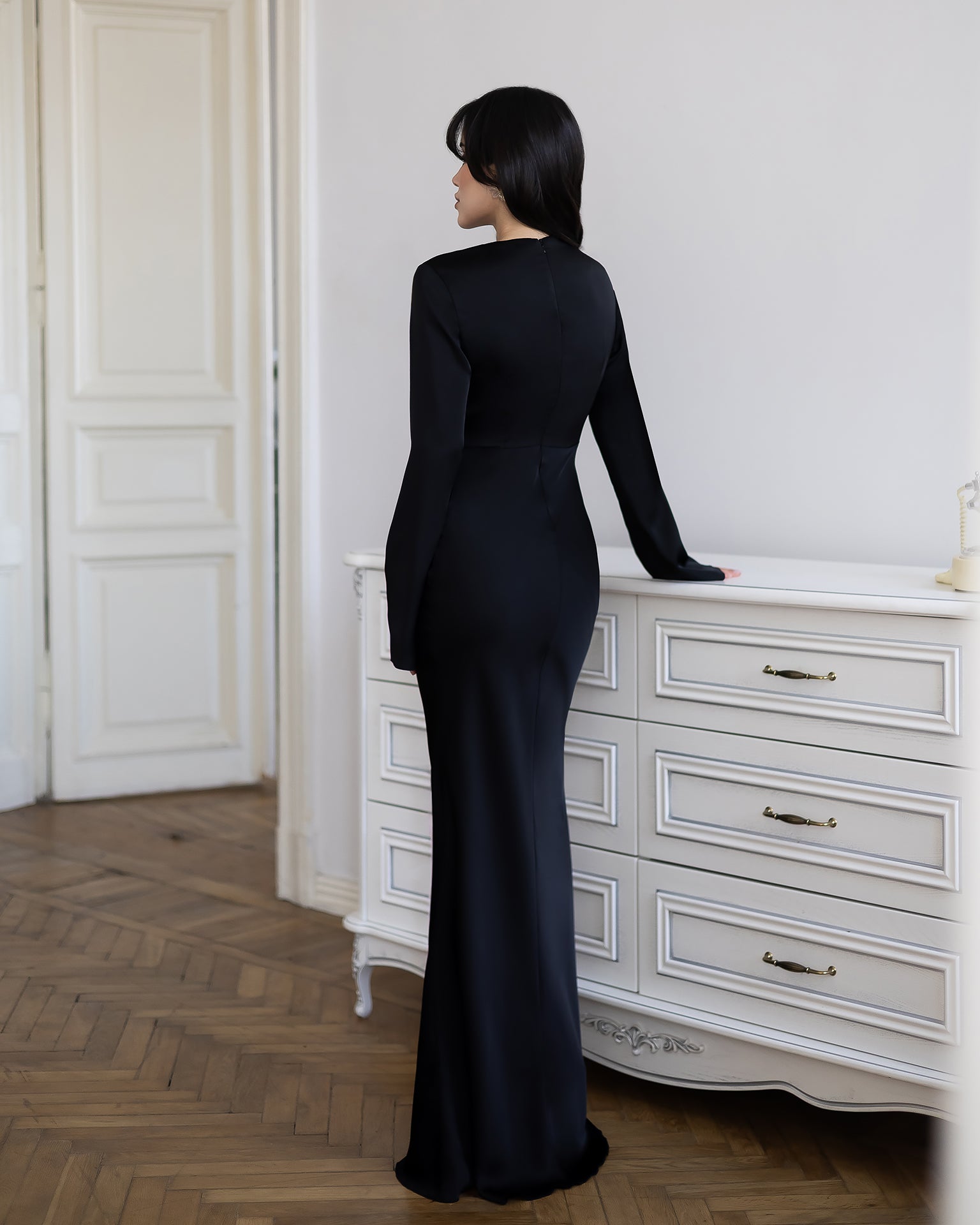 ELAGIA Novelle Black Satin Twist-Front Cut-Out Maxi Dress front view - elegant 3 piece women's suit purple business suit wome