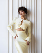 ELAGIA Novelle Yellow Satin Twist-Front Cut-Out Maxi Dress detail - 3 piece women's suit purple business suit women