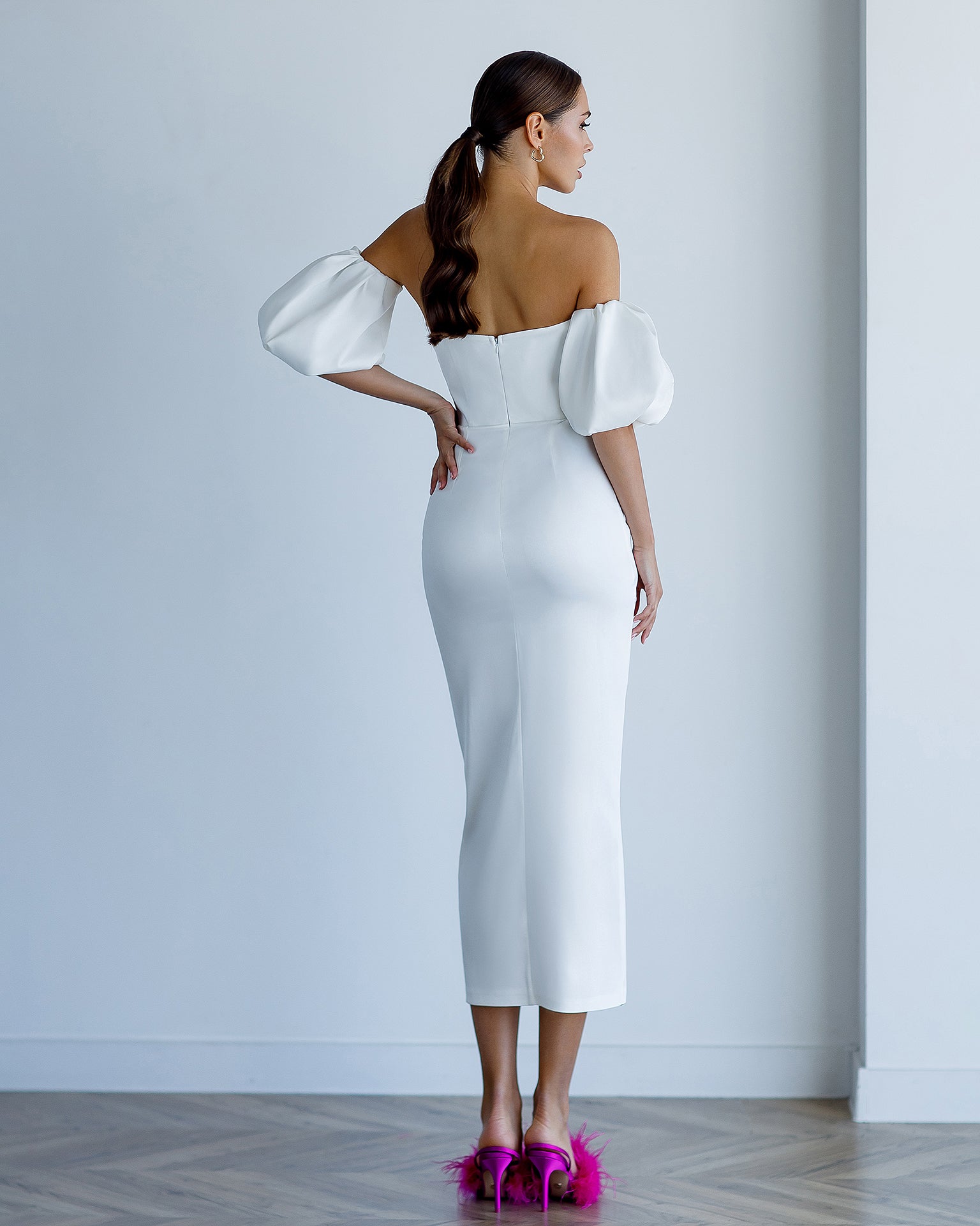 White Satin Puff-Sleeve Midi Dress