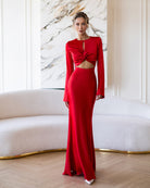 ELAGIA Novelle Red Satin Twist-Front Cut-Out Maxi Dress front view - chic 3 piece women's suit inspired design