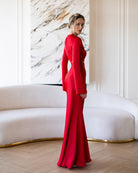 ELAGIA Novelle Red Satin Twist-Front Cut-Out Maxi Dress front view - bold purple business suit women alternative