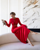 ELAGIA Novelle Red Satin Twist-Front Cut-Out Maxi Dress front view - striking 3 piece women's suit style dress