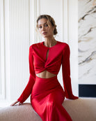 ELAGIA Novelle Red Satin Twist-Front Cut-Out Maxi Dress front view - luxe purple business suit women inspired look