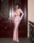 ELAGIA Novelle Pink Satin Twist-Front Cut-Out Maxi Dress front view - 3 piece women's suit purple business suit women