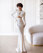 ELAGIA Novelle Beige Satin Twist-Front Cut-Out Maxi Dress front view - neutral 3 piece women's suit style