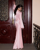 ELAGIA Novelle Pink Satin Twist-Front Cut-Out Maxi Dress back view - 3 piece women's suit purple business suit women