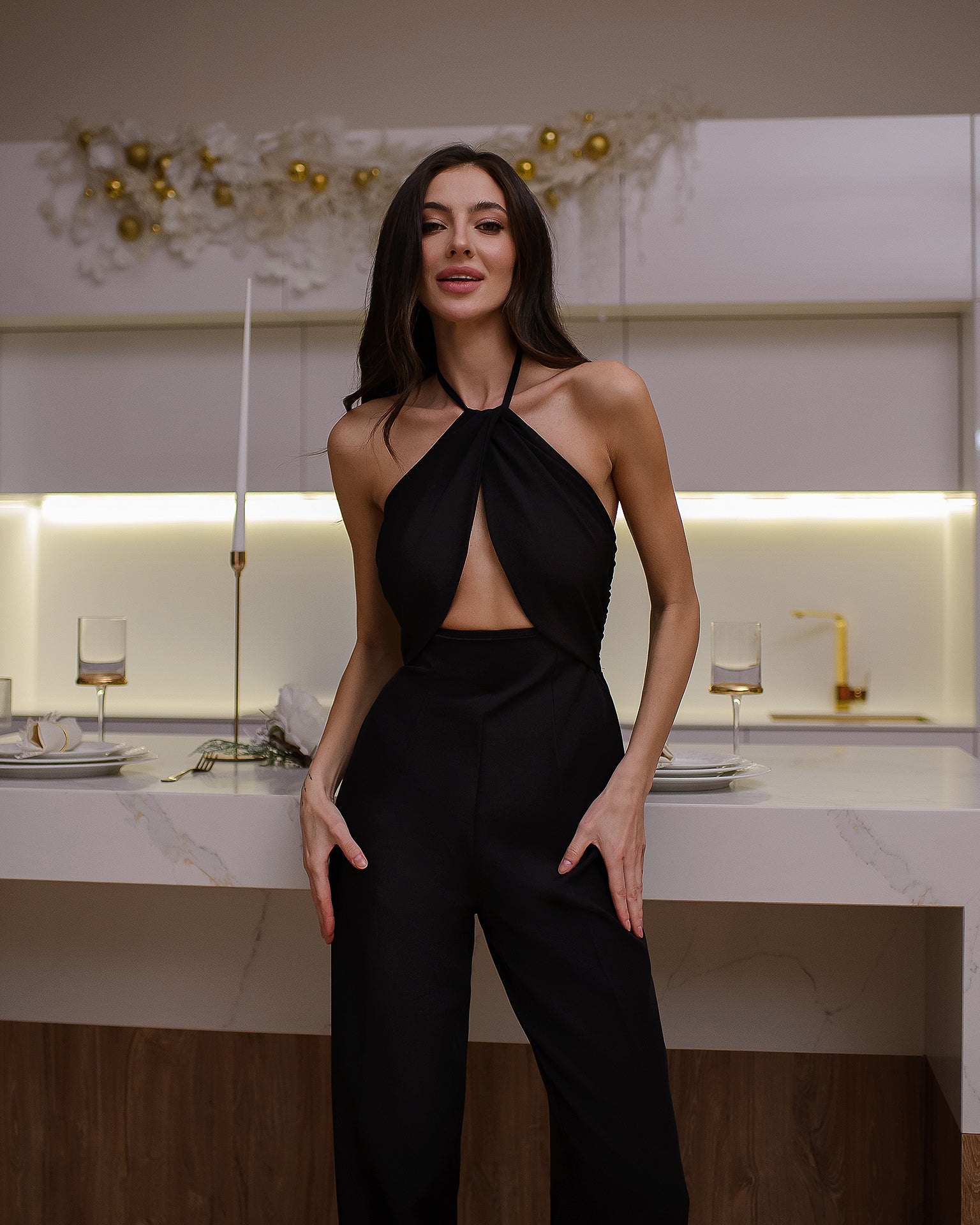 Black Bow Top Backless Jumpsuit
