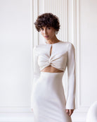 ELAGIA Novelle Beige Satin Twist-Front Cut-Out Maxi Dress back view - elegant 3 piece women's suit purple business suit women