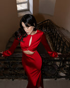 ELAGIA Novelle Red Satin Twist-Front Cut-Out Maxi Dress front view - refined 3 piece women's suit inspired