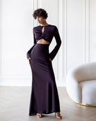 ELAGIA Novelle Brown Satin Twist-Front Cut-Out Maxi Dress front view - elegant 3 piece women's suit purple business suit wome