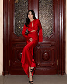 ELAGIA Novelle Red Satin Twist-Front Cut-Out Maxi Dress front view - sleek 3 piece women's suit alternative
