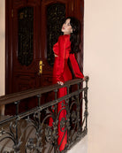 ELAGIA Novelle Red Satin Twist-Front Cut-Out Maxi Dress front view - modern purple business suit women style