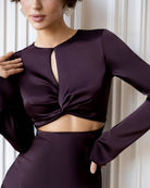 ELAGIA Novelle Brown Satin Twist-Front Cut-Out Maxi Dress detail view - elegant 3 piece women's suit purple business suit wom