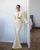 ELAGIA Novelle Yellow Satin Twist-Front Cut-Out Maxi Dress detail - 3 piece women's suit purple business suit women