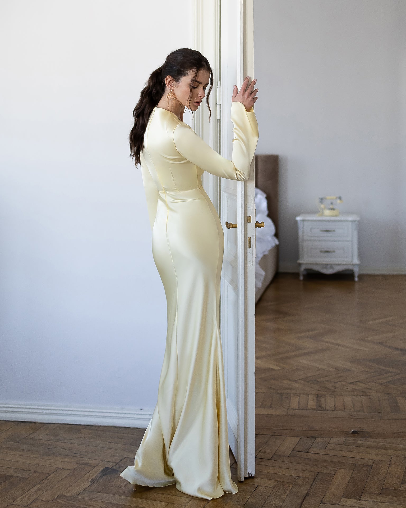 ELAGIA Novelle Yellow Satin Twist-Front Cut-Out Maxi Dress front view - elegant 3 piece women's suit style gown