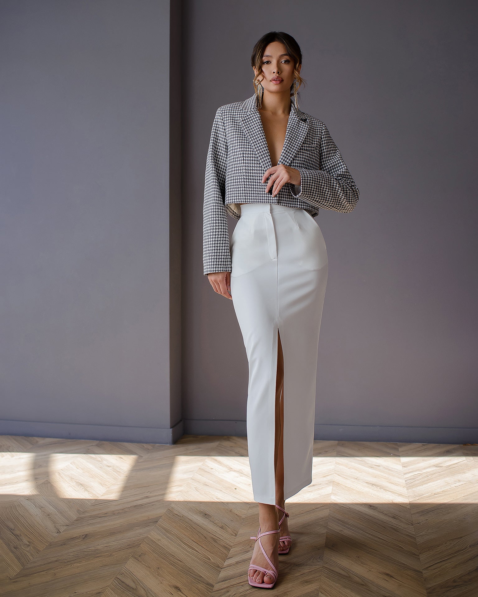 White Front-Slit Midi Skirt