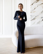 ELAGIA Novelle Black Satin Twist-Front Cut-Out Maxi Dress front view - 3 piece women's suit purple business suit women