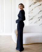 ELAGIA Novelle Black Satin Twist-Front Cut-Out Maxi Dress back view - 3 piece women's suit purple business suit women