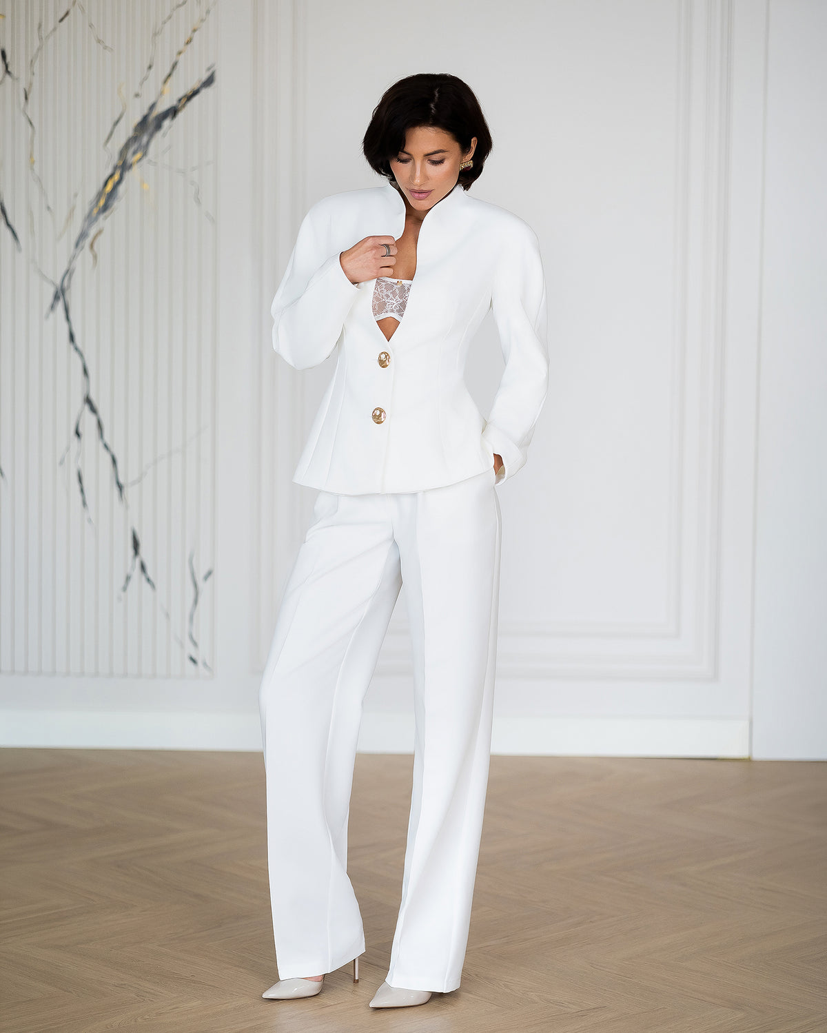 Colette White Single-Breasted Gold-Button Suit 2-Piece