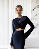 ELAGIA Novelle Black Satin Twist-Front Cut-Out Maxi Dress detail view - 3 piece women's suit purple business suit women