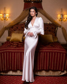 ELAGIA Silvia White Satin Deep V-Neck Puff-Sleeve Maxi Dress front view - chic 3 piece women's suit inspired design