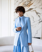 ELAGIA Avra Sky-Blue Asymmetric Double-Breasted Longline Blazer Suit 2-Piece detail view - 3 piece women's suit style