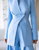 ELAGIA Avra Sky-Blue Asymmetric Double-Breasted Longline Blazer Suit 2-Piece close-up - purple business suit women style