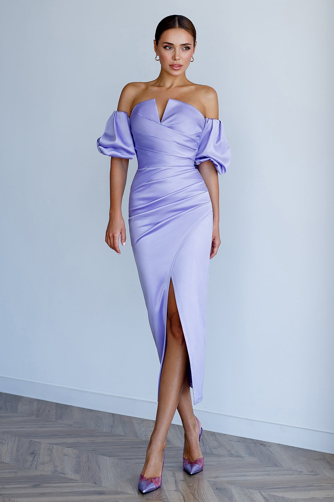 purple midi dress with sleeves Lavender Satin Puff Sleeve or no bra Size:2XL/3XL 52' alyce paris Navy Illusion Bodice High