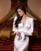 ELAGIA Silvia White Satin Deep V-Neck Puff-Sleeve Maxi Dress detail shot - refined 3 piece women's suit style