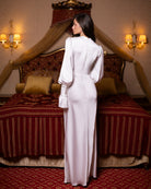 ELAGIA Silvia White Satin Deep V-Neck Puff-Sleeve Maxi Dress back view - elegant purple business suit women aesthetic