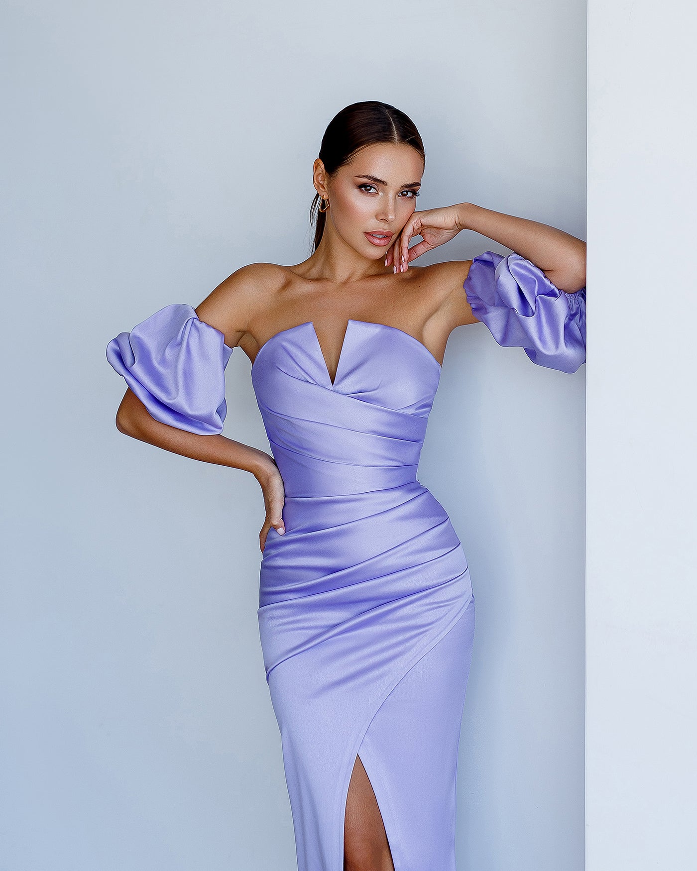 Lavender satin high slit midi evening dress