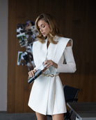 ELAGIA Elara White Cut-Out Double-Breasted Blazer Dress detail - 3 piece women's suit purple business suit women