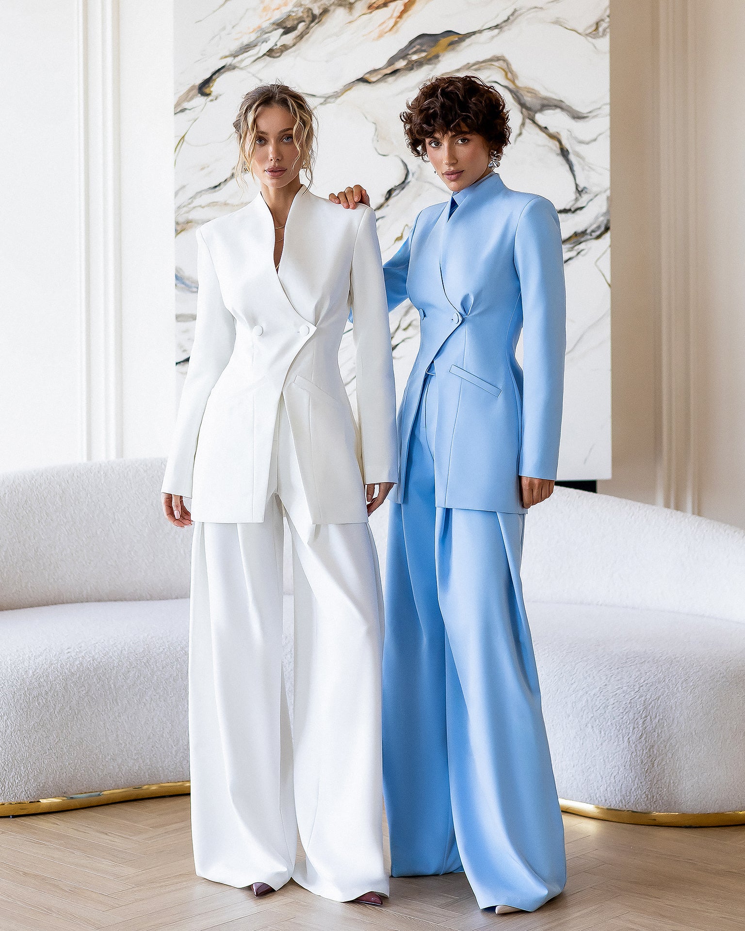 ELAGIA Avra Sky-Blue Asymmetric Double-Breasted Longline Blazer Suit 2-Piece detail shot - 3 piece women's suit style