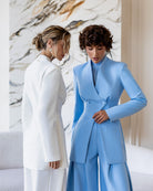 ELAGIA Avra Sky-Blue Asymmetric Double-Breasted Longline Blazer Suit 2-Piece macro view - purple business suit women style