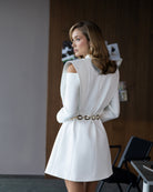 ELAGIA Elara White Cut-Out Double-Breasted Blazer Dress detail - 3 piece women's suit purple business suit women