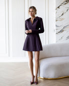 ELAGIA Eva Brown Collared Long-Sleeve Mini Dress front view - 3 piece women's suit purple business suit women style