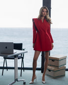 ELAGIA Elara Red Cut-Out Double-Breasted Blazer Dress back view - 3 piece women's suit purple business suit women