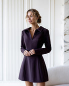ELAGIA Eva Brown Collared Long-Sleeve Mini Dress front view - 3 piece women's suit purple business suit women style