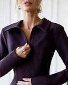 ELAGIA Eva Brown Collared Long-Sleeve Mini Dress front view - 3 piece women's suit purple business suit women style