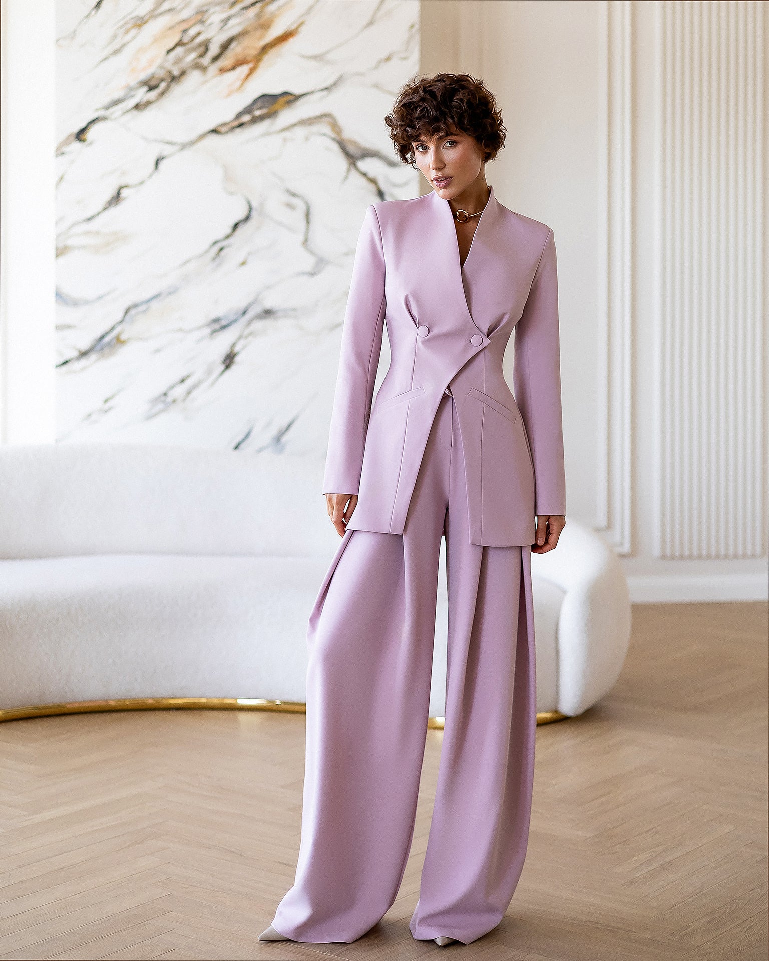 ELAGIA Avra dusty-pink asymmetric double-breasted longline blazer suit 2-piece front view - 3 piece women's suit