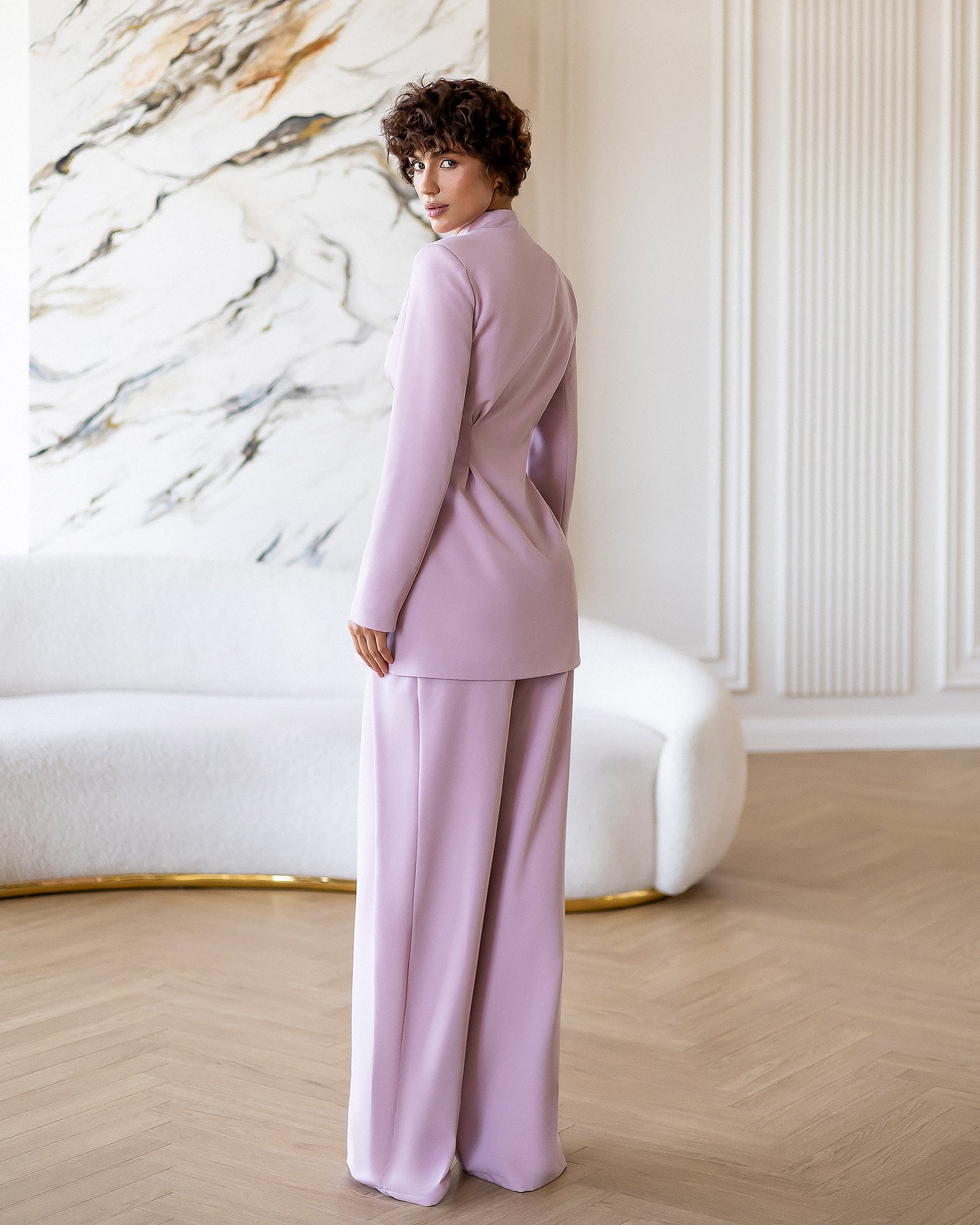 ELAGIA Avra dusty-pink asymmetric double-breasted longline blazer suit 2-piece front view - 3 piece women's suit