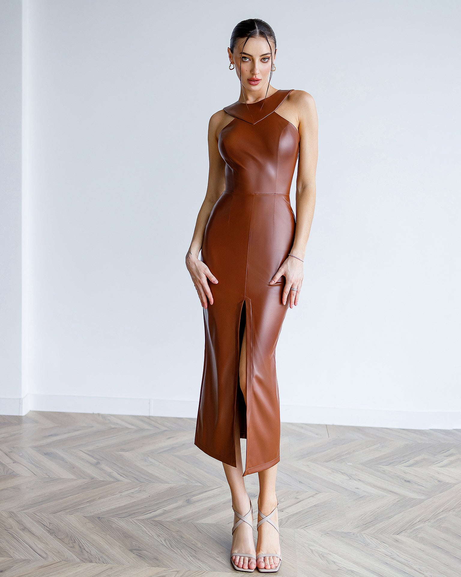 Brown Sleeveless Midi Dress